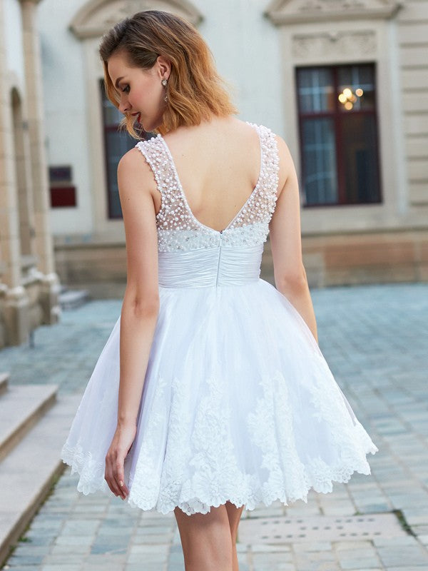 Wholesale A-Line/Princess Jewel Sleeveless Pearls Short/Mini Tulle Dresses